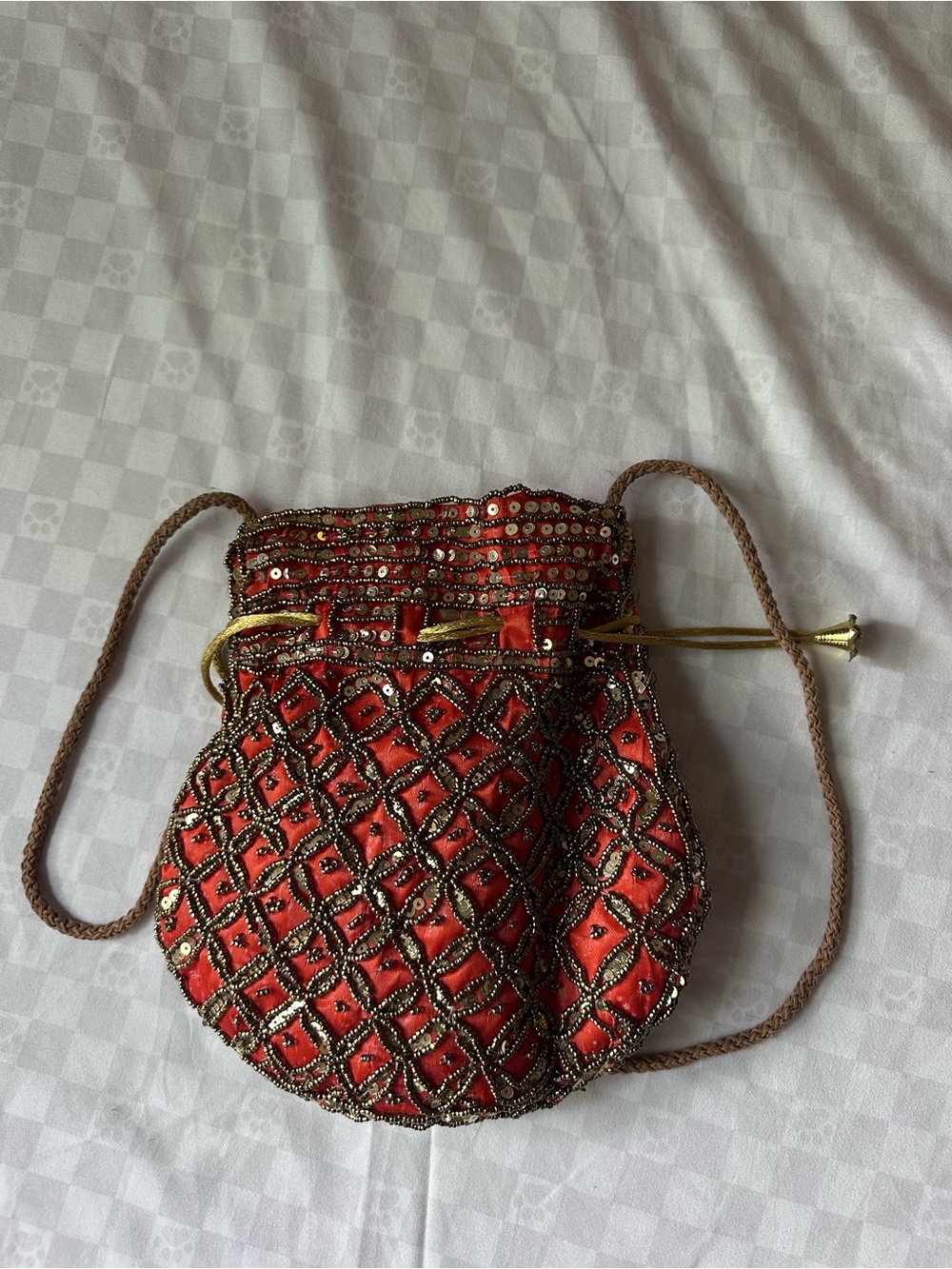 Handmade Orange Beaded & Sequined Potli Drawstring Crossbody Bag - Picture 4 of 4
